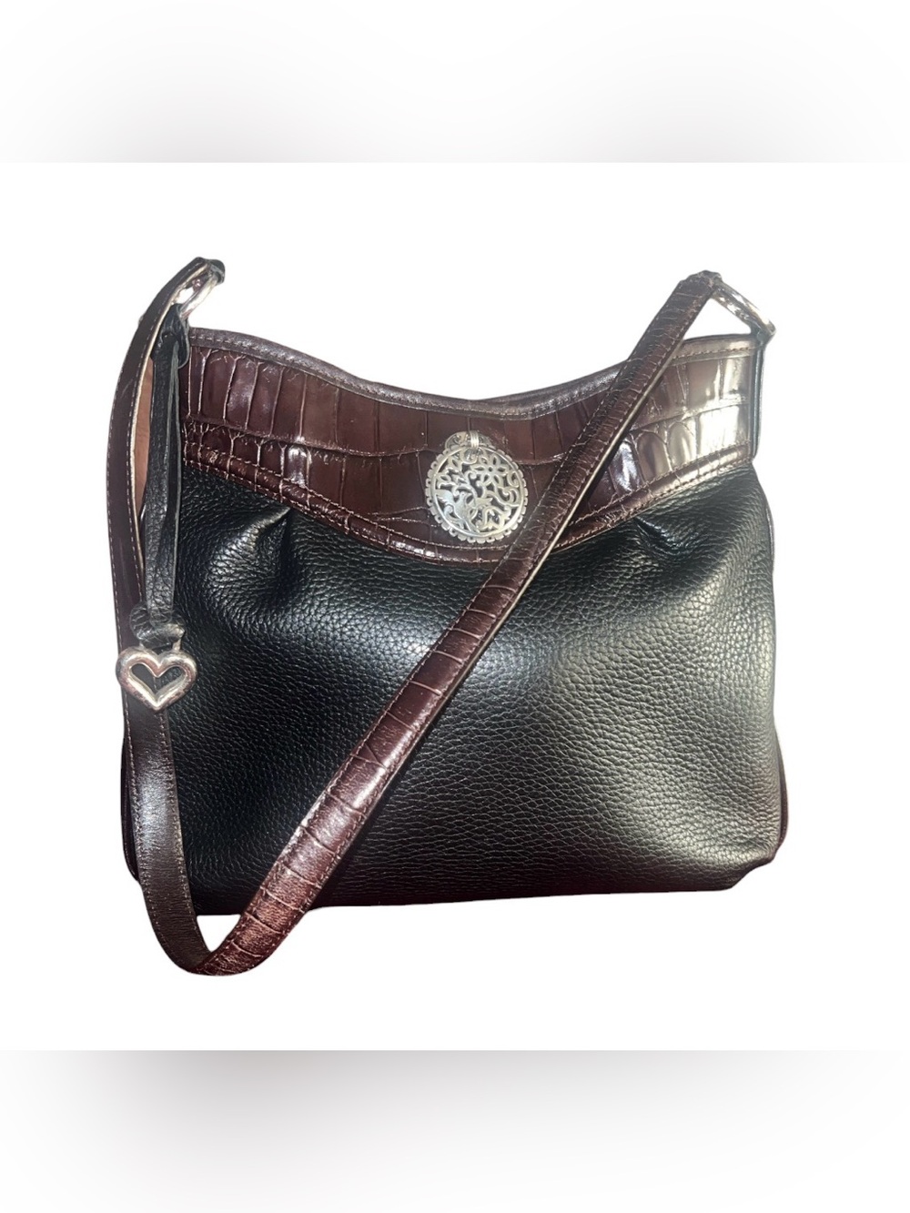 Brighton Vtg Black Pebbled & Brown Croc Shoulder Bag Leather Silver Medallion